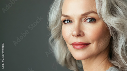 Beauty cosmetics magazine photo of a middle-aged Caucasian woman with glowing skin and delicate pink lips, her elegance shining through.