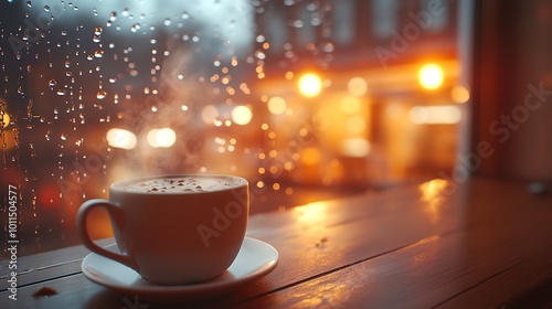 Wallpaper Mural Hot chocolate in a cozy café setting, raindrops softly sliding down the window behind, warm light from the café reflecting on the cup. Steam rising gently, Torontodigital.ca