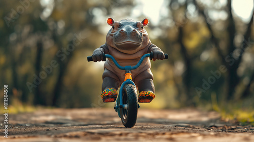 Capture a baby pygmy hippo cycling with speed on a colorful BMX bike while performing a wheelie photo