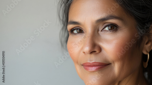 Beauty cosmetics magazine photo of a senior Hispanic woman with smooth skin and natural pink lips, bathed in soft, flattering lighting. photo