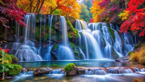 A cascading waterfall nestled within a vibrant autumn forest, showcasing the beauty of nature's changing colors
