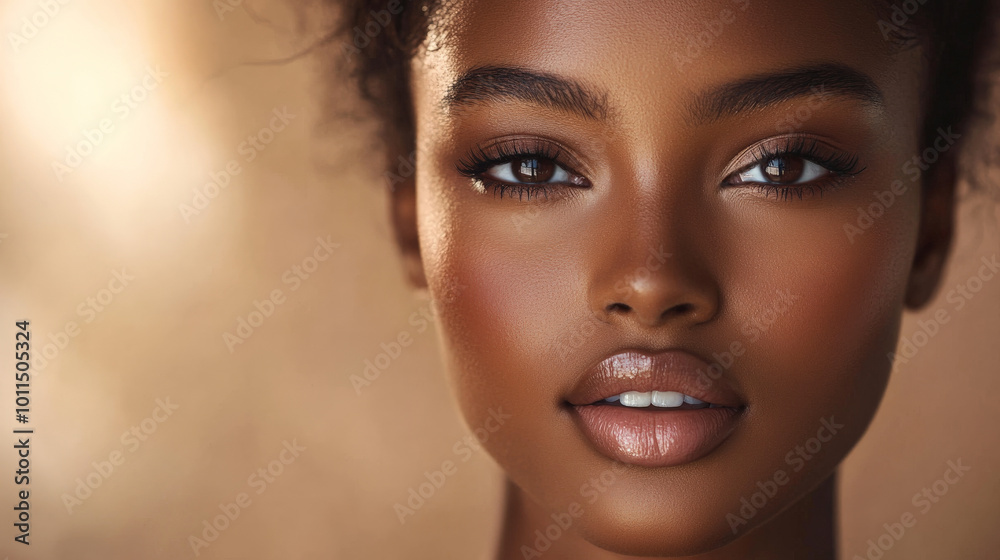 Beauty cosmetics magazine photo of a young adult Black woman with radiant, smooth skin and soft natural pink lips, captured in warm lighting. Beauty cosmetics magazine photo of a young adult Black woman with radiant, smooth skin and soft natural pink lips, captured in warm lighting.
