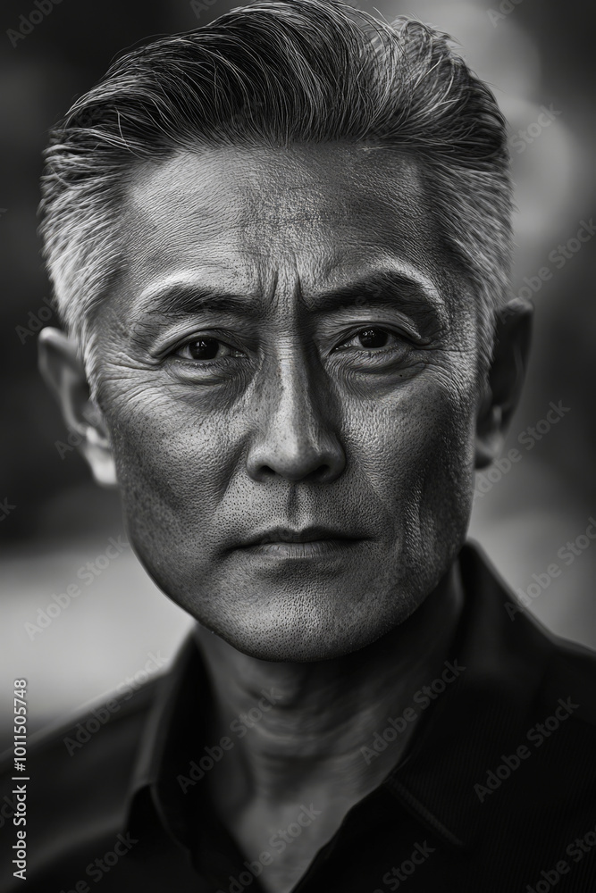 Black and white portrait of a middle-aged Japanese man with short, slicked-back hair, clear skin, and calm, wise eyes, in soft natural daylight.