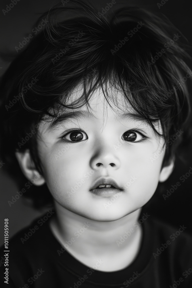 Black and white portrait of a preschooler Japanese boy with messy hair, clear skin, and curious eyes, lit by natural daylight. Black and white portrait of a preschooler Japanese boy with messy hair, clear skin, and curious eyes, lit by natural daylight.