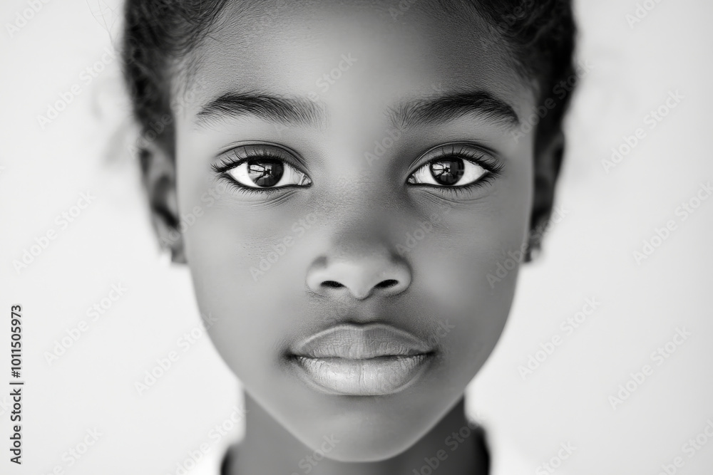 Black and white portrait of a school-age African American girl with neatly tied hair, smooth clear skin, and wide, expressive eyes, glowing in natural daylight. Black and white portrait of a school-age African American girl with neatly tied hair, smooth clear skin, and wide, expressive eyes, glowing in natural daylight.