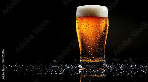 Frosty glass of golden beer with perfect foam head, condensation droplets on dark background, refreshing and inviting alcoholic beverage close-up.