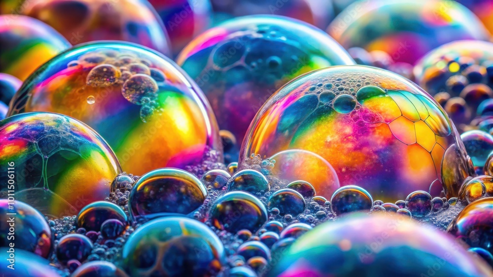 Close-up of iridescent soap bubbles with varying sizes and patterns, capturing the beauty of simple materials Close-up of iridescent soap bubbles with varying sizes and patterns, capturing the beauty of simple materials