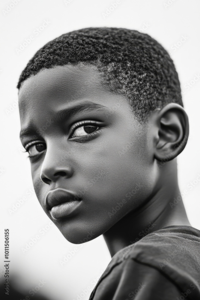 Black and white portrait of a school-age Black boy with short hair ...
