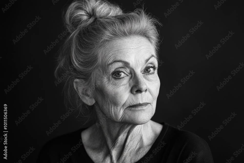 Black and white portrait of a senior Caucasian woman with her hair in a bun, clear skin, and sharp, expressive eyes, illuminated by natural daylight. Black and white portrait of a senior Caucasian woman with her hair in a bun, clear skin, and sharp, expressive eyes, illuminated by natural daylight.