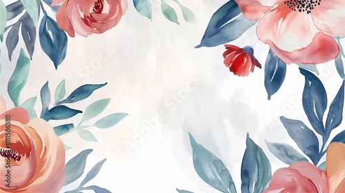 A beautiful watercolor floral design with peach roses and blue leaves framing the border in an elegant and vibrant arrangement that captures natural beauty and artistry.