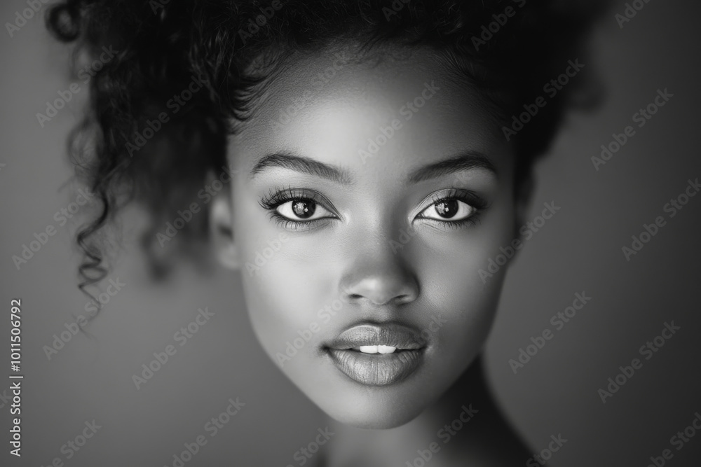 Black and white portrait of a young adult African American woman with her hair elegantly up, clear skin, and piercing, expressive eyes, bathed in natural daylight. Black and white portrait of a young adult African American woman with her hair elegantly up, clear skin, and piercing, expressive eyes, bathed in natural daylight.