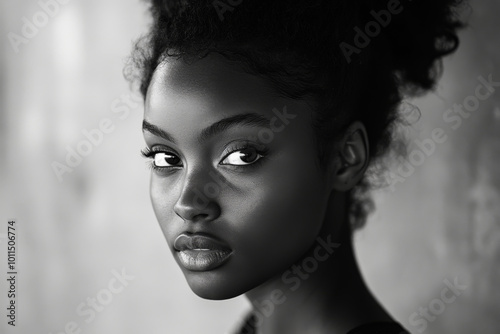 Black and white portrait of a young adult African American woman with her hair elegantly up, clear skin, and piercing, expressive eyes, bathed in natural daylight.