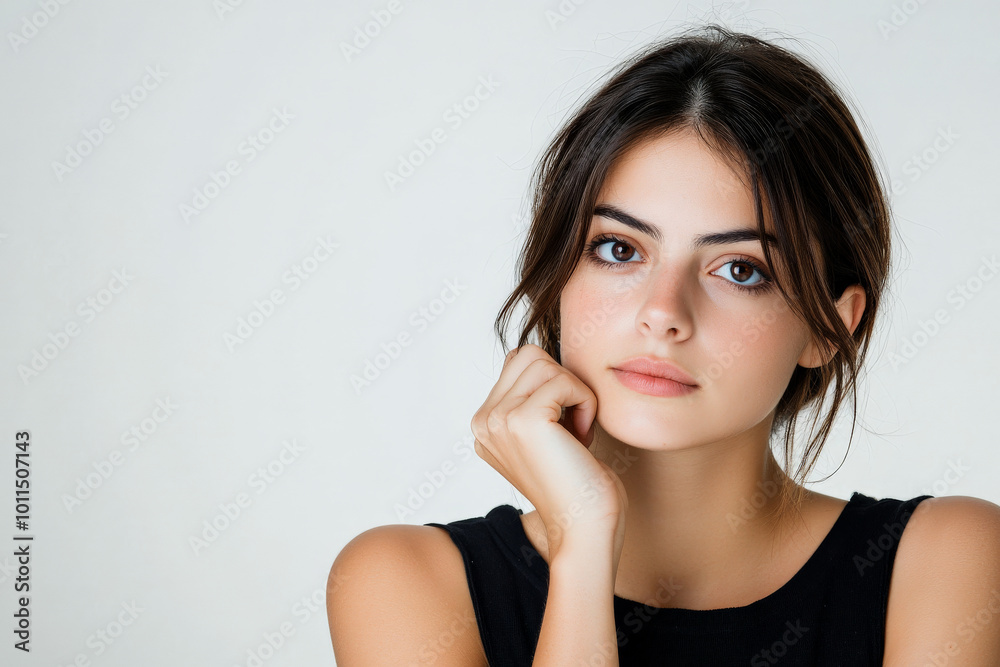 Doubtful young adult Brazilian woman in semi-formal clothes, lost in thought on a white studio background. Doubtful young adult Brazilian woman in semi-formal clothes, lost in thought on a white studio background.
