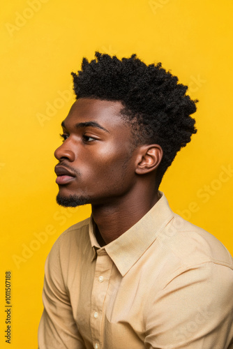 Doubtful young adult African American man in a semi-formal shirt, sitting reflectively on a yellow studio background.