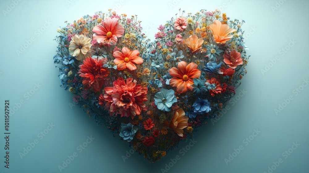 A heart-shaped arrangement of vibrant flowers against a soft background. A heart-shaped arrangement of vibrant flowers against a soft background.
