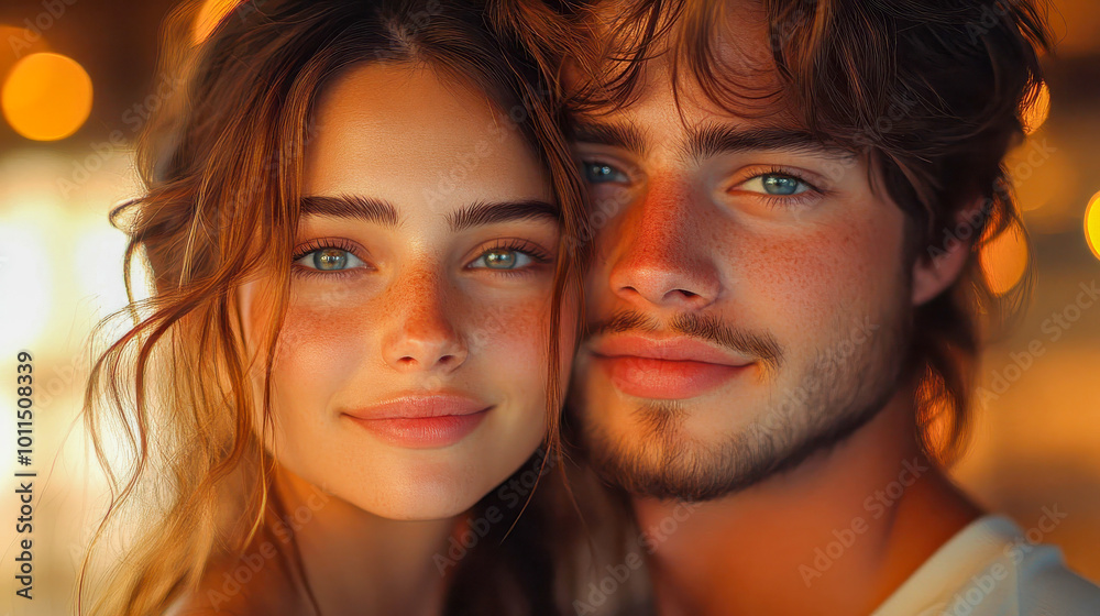 A close-up portrait of a smiling young couple gazing warmly at the camera with soft, golden light in the background A close-up portrait of a smiling young couple gazing warmly at the camera with soft, golden light in the background