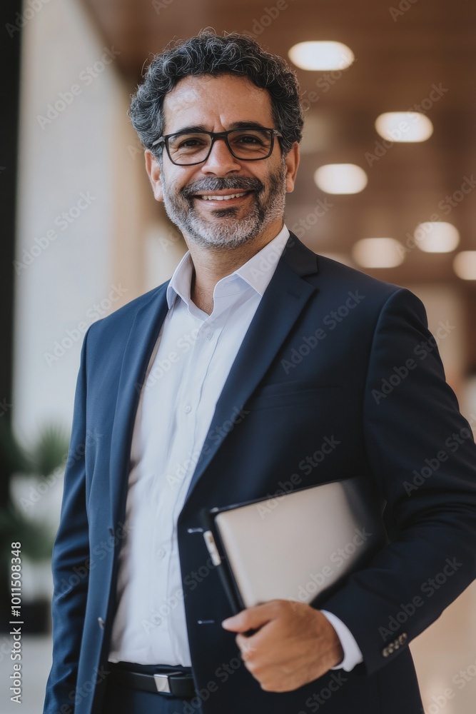 Fototapeta premium Middle-aged Brazilian sales agent in formal attire, smiling slightly while holding a laptop, modern technological background.