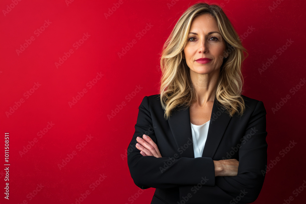 Middle-aged Caucasian female lawyer, confidently crossing her arms in a professional setting against a red background. Middle-aged Caucasian female lawyer, confidently crossing her arms in a professional setting against a red background.