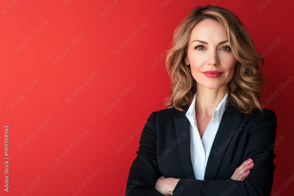 Middle-aged Caucasian female lawyer, confidently crossing her arms in a professional setting against a red background. Middle-aged Caucasian female lawyer, confidently crossing her arms in a professional setting against a red background.