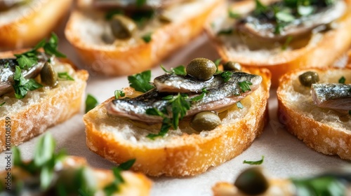 A close-up of a cicchetti bite topped with fresh anchovies and capers, garnished with parsley, ready to be enjoyed with a glass of wine