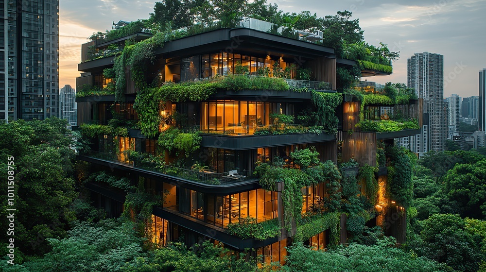 sustainable green infrastructure with urban buildings surrounded by abundant plant life vertical gardens ,rooftop green spaces promoting an environmentally conscious urban environment