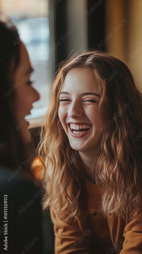 Joyful moment captured: young woman with wavy blonde hair laughing heartily, eyes closed in pure delight, warm lighting enhancing the genuine happiness. Joyful moment captured: young woman with wavy blonde hair laughing heartily, eyes closed in pure delight, warm lighting enhancing the genuine happiness.
