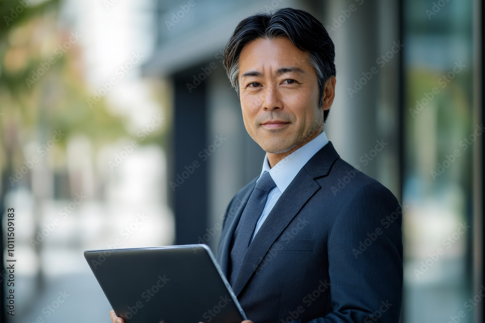 Middle-aged Japanese sales agent in formal attire, holding a laptop and giving a slight smile, modern technological background. Middle-aged Japanese sales agent in formal attire, holding a laptop and giving a slight smile, modern technological background.
