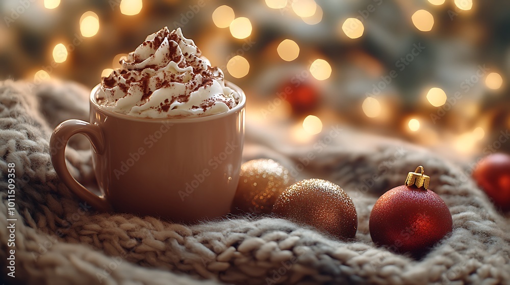 Hot chocolate with whipped cream on top, cozy blanket underneath, holiday ornaments and twinkling lights softly glowing in the background. Warm, Hot chocolate with whipped cream on top, cozy blanket underneath, holiday ornaments and twinkling lights softly glowing in the background. Warm,