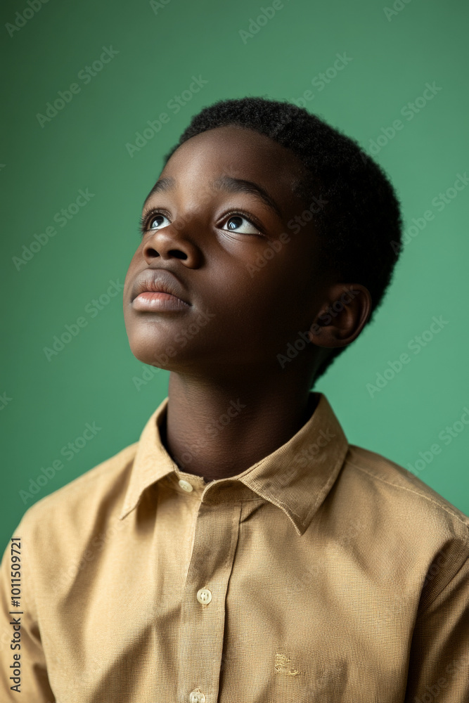 Fototapeta premium Reflective teenager Black boy in a semi-formal shirt, with a contemplative expression on a green studio background.