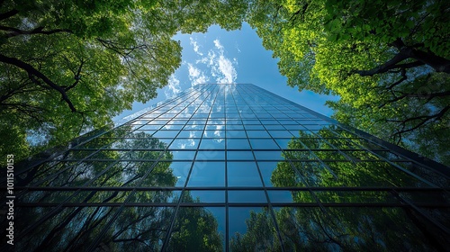 Wallpaper Mural the glass skyscraper facade reflects the lush green leaves of trees the intersection of urban development ,nature the concepts of esg environmental social ,governance ,impact investing Torontodigital.ca