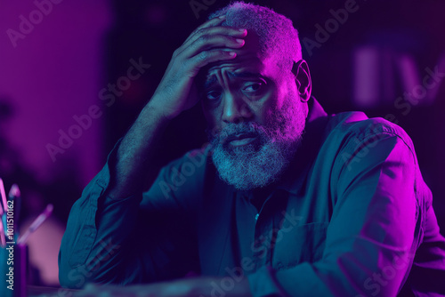 Senior African American man with a beard, anxiously clutching his head at a desk, dark purple lighting.