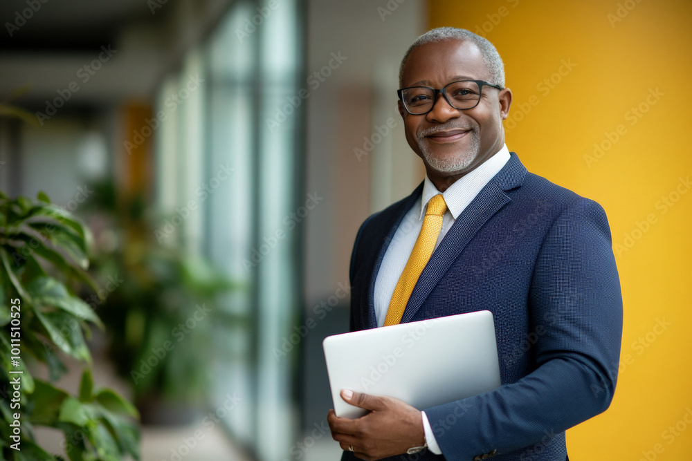 Senior Black sales agent in formal attire, holding a laptop and smiling subtly, modern technological background. Senior Black sales agent in formal attire, holding a laptop and smiling subtly, modern technological background.