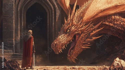 A digital illustration of a fantasy scene, featuring a dragon and a medieval knight, using intricate details and rich colors to create a captivating image photo