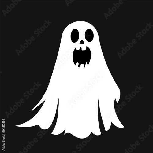 Halloween ghost. Creepy flying spirit isolated on black background. Vector simple halloween horror characters. Creepy costume for halloween party.