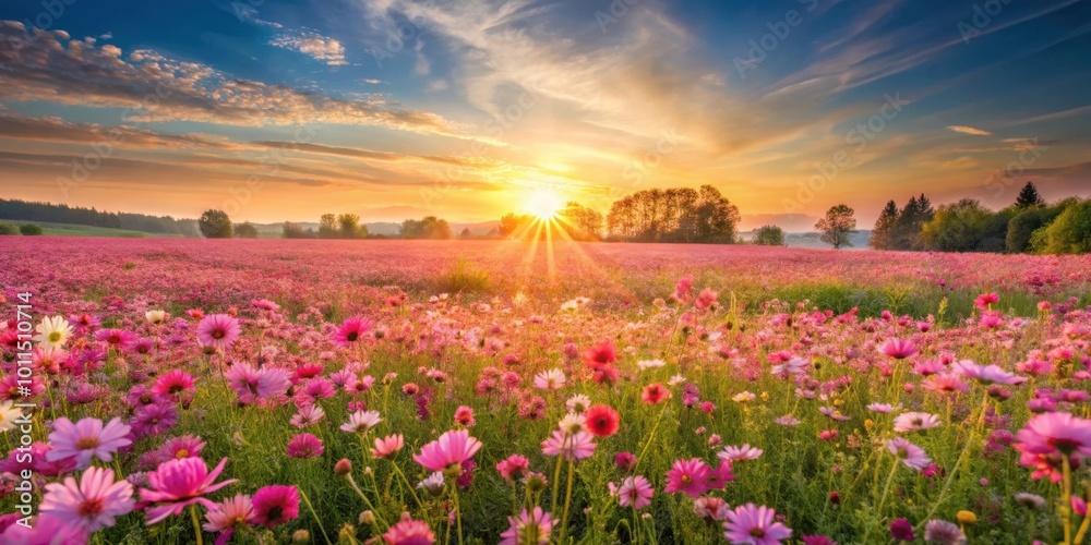 A field of pink wildflowers basking in the golden glow of a vibrant sunset, with the sun's rays illuminating the landscape like a celestial spotlight. A field of pink wildflowers basking in the golden glow of a vibrant sunset, with the sun's rays illuminating the landscape like a celestial spotlight.