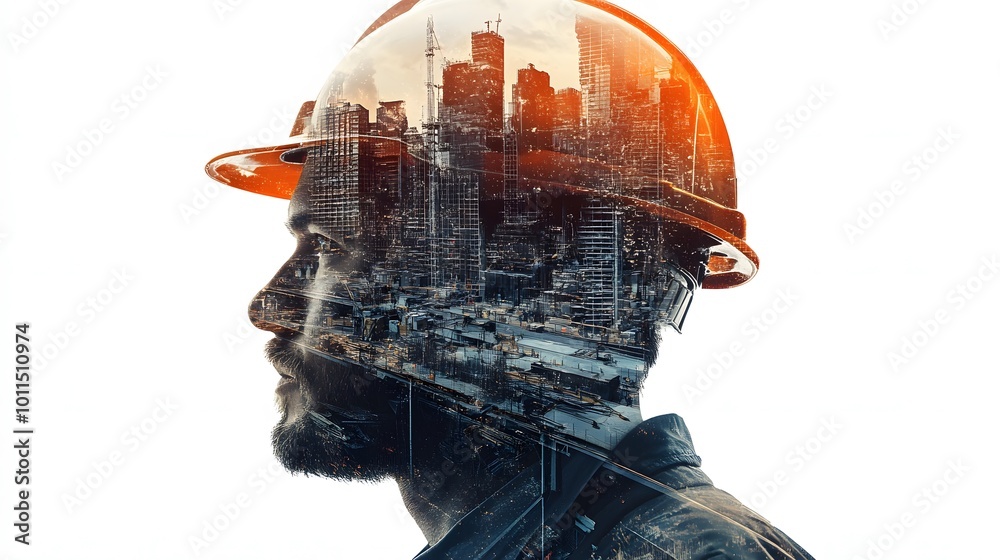 A man in a hard hat, with a cityscape overlaid on his face, looks thoughtfully toward the horizon. A man in a hard hat, with a cityscape overlaid on his face, looks thoughtfully toward the horizon.
