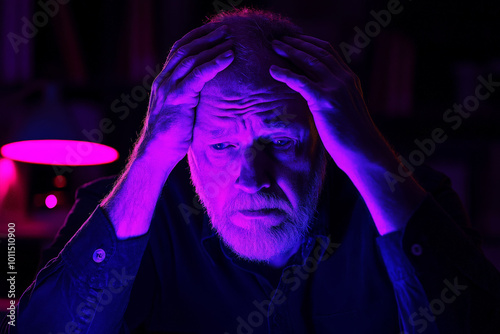 Senior Caucasian man with a beard, holding his head at a desk, anxious expression in dark purple lighting.