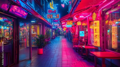 A vibrant  colorful neon lights in a city with a clear area for text