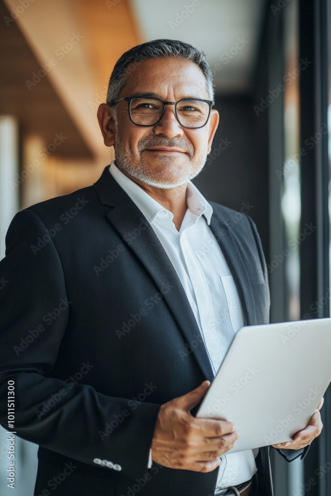 Senior Hispanic sales agent in formal attire, holding a laptop and giving a slight smile, modern technological background. Senior Hispanic sales agent in formal attire, holding a laptop and giving a slight smile, modern technological background.