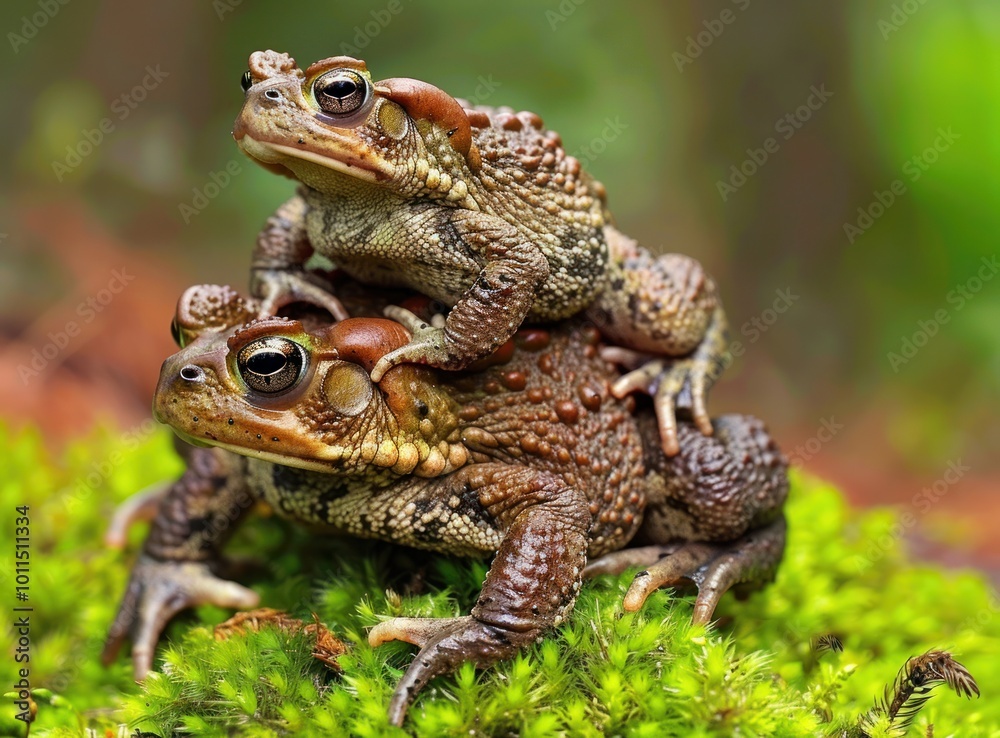 Two toads carrying their young on their backs Two toads carrying their young on their backs