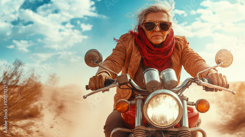 Senior Hispanic woman braving a desert sandstorm on a motorcycle, scattered bushes whipping in the wind.