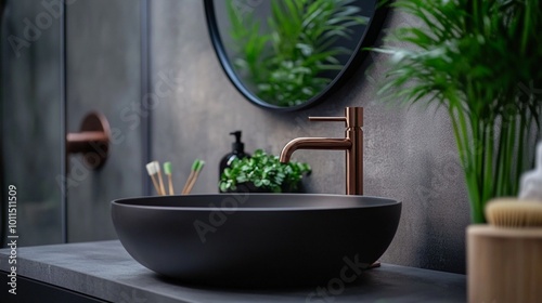 Modern bathroom interior with sleek black vessel sink, copper faucet, and lush green plants creating a spa-like atmosphere. Minimalist design meets nature.