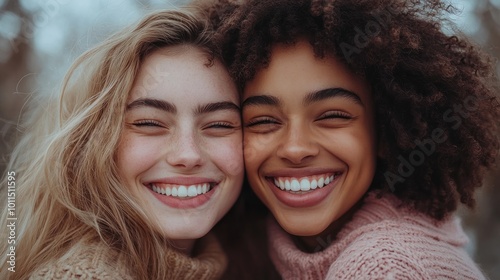 Two smiling friends enjoying a joyful moment together outdoors.