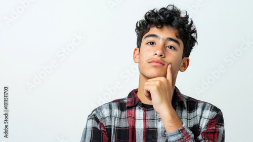 Teenager Hispanic boy deep in thought with hand on chin against a white background.