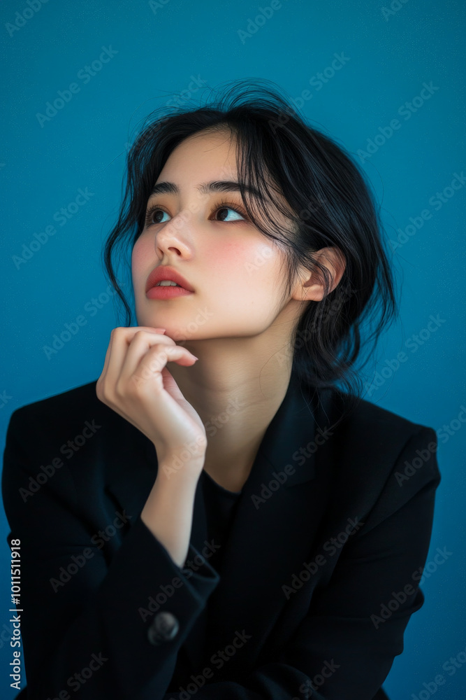 Thoughtful young adult Japanese woman in semi-formal clothing, reflecting on something on a blue studio background. Thoughtful young adult Japanese woman in semi-formal clothing, reflecting on something on a blue studio background.