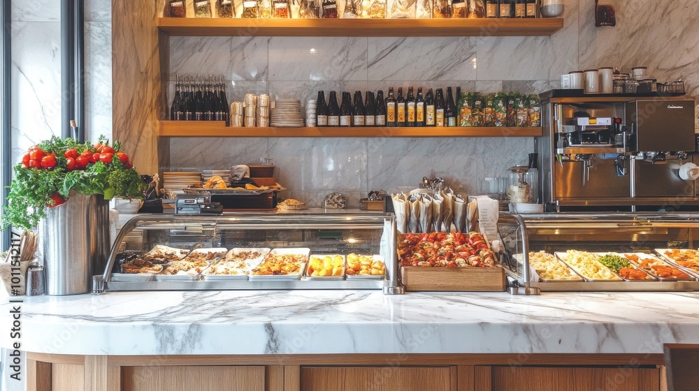 A cozy Italian bistro with cicchetti displayed on a marble counter, inviting customers to choose their favorite bites A cozy Italian bistro with cicchetti displayed on a marble counter, inviting customers to choose their favorite bites