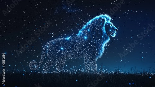 This digital representation features a majestic blue lion, crafted from flowing lines and nodes, set against a star-infused cosmic night, unifying art and mystery.