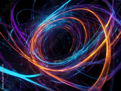 An abstract digital artwork background featuring swirling light trails in neon blue, purple, and orange hues, forming a dynamic, futuristic energy sphere. The background is deep black