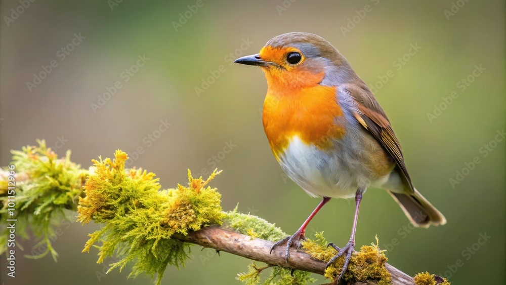 A European Robin Perched on a Moss-Covered Branch, Its Bright Orange Breast and Keen Eyes Focused on the Surrounding Forest A European Robin Perched on a Moss-Covered Branch, Its Bright Orange Breast and Keen Eyes Focused on the Surrounding Forest