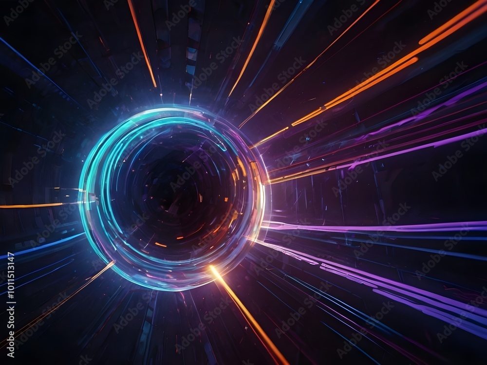 Obraz premium An abstract digital artwork background featuring swirling light trails in neon blue, purple, and orange hues, forming a dynamic, futuristic energy sphere. The background is deep black